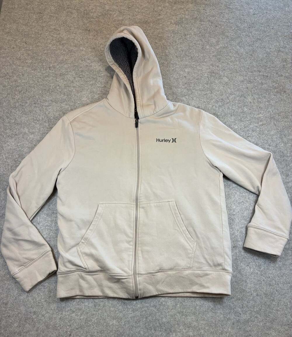 Hurley Sherpa Lined Full Zip Hoodie Tan Fleece Sweatshirt skater grunge